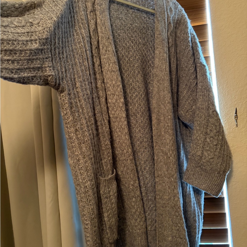Terra & Sky Mixed Cable Knit Open Front Cardigan Gray Plus Size 2X